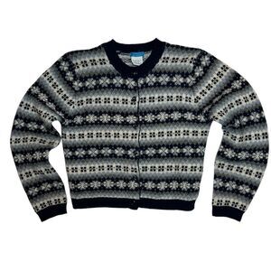 Airport‎ 100% Shetland Wool Button Up Cardigan Pattern Blue Size L